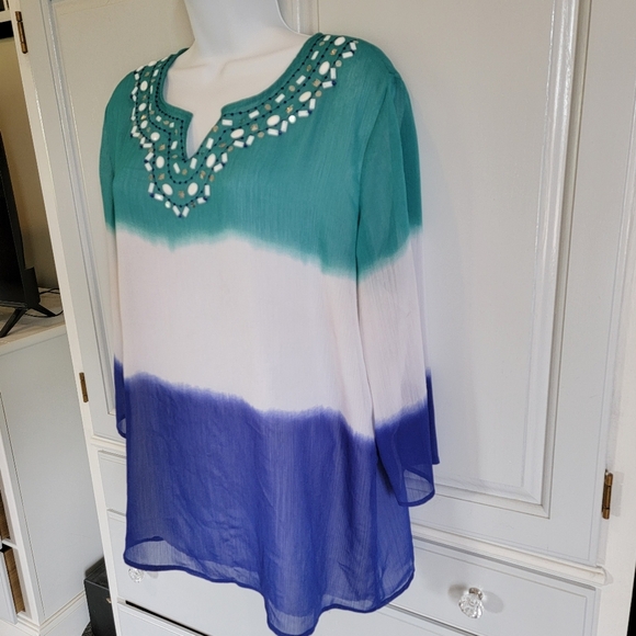 Alfred Dunner Colorblock Blouse Embellished Beaded Neck Blue Green White Size 14 - Picture 3 of 10